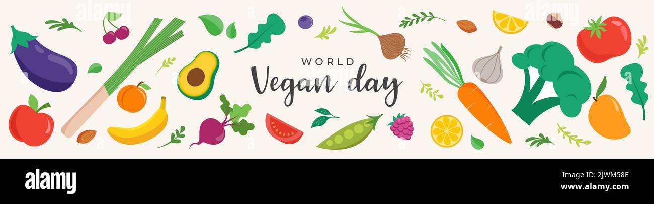 World Vegan Day, Concept Design con verdure, frutta, foglie e noci. Per promozioni, adesivi, banner, biglietti d'auguri sui social media Illustrazione Vettoriale