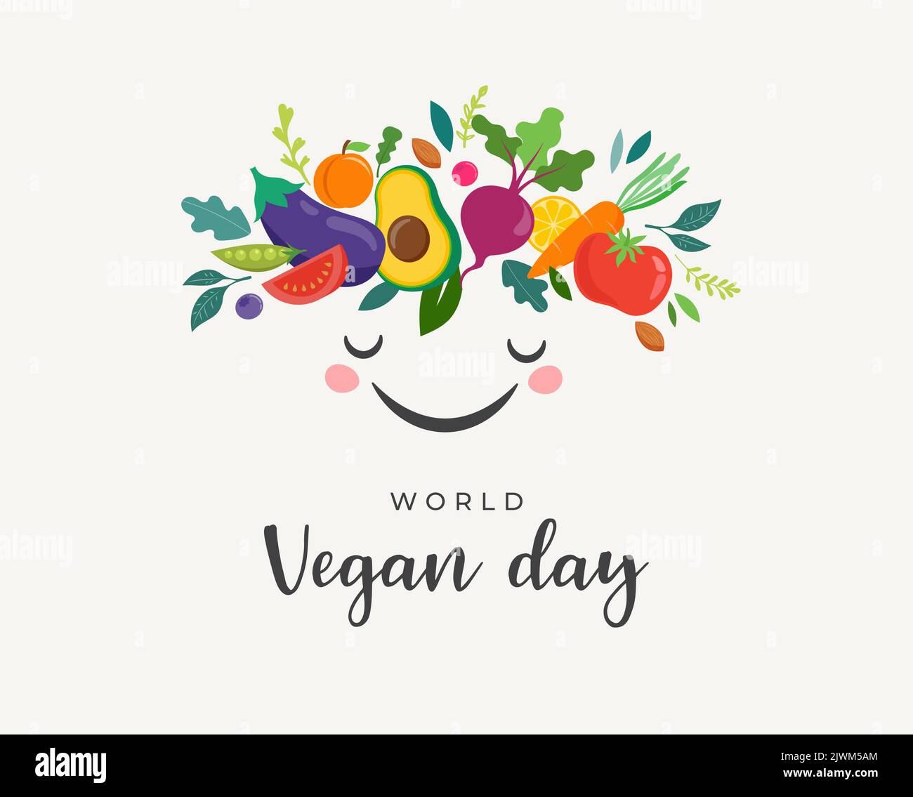 Giornata mondiale del Vegan, Concept Design. Carattere carino con corona di verdure, frutta, foglie e noci. Per promozioni, adesivi, banner, messaggi di saluto sui social media Illustrazione Vettoriale