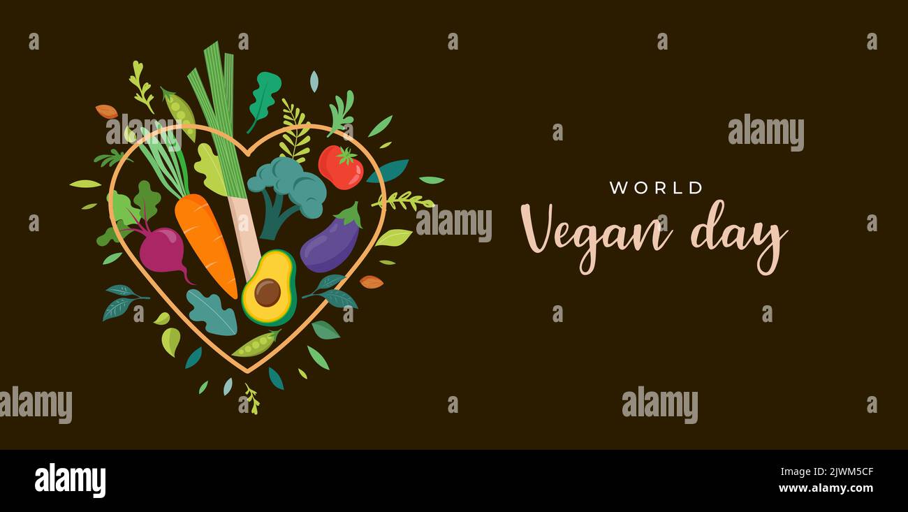 World Vegan Day, Concept Design con cuore vegetale. Per promozioni, adesivi, banner, biglietti d'auguri sui social media Illustrazione Vettoriale