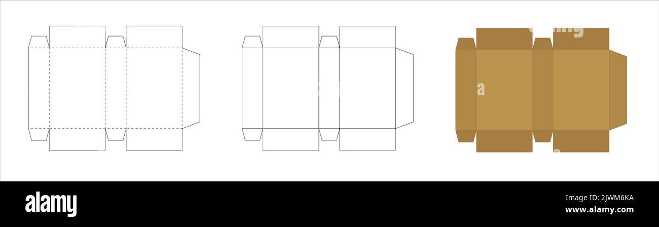 Modello rettangolo per scatola di carta, schema di taglio per creare il pacchetto, layout del modello geometrico aperto, illustrazione vettoriale su sfondo bianco. Illustrazione Vettoriale
