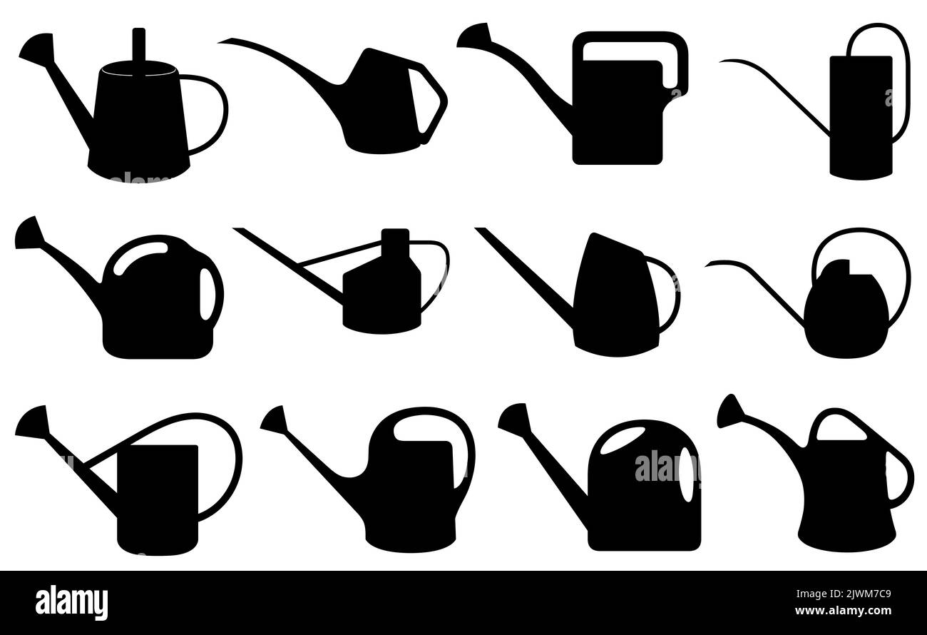 Raccolta di diverse lattine di irrigazione isolate su bianco Foto Stock