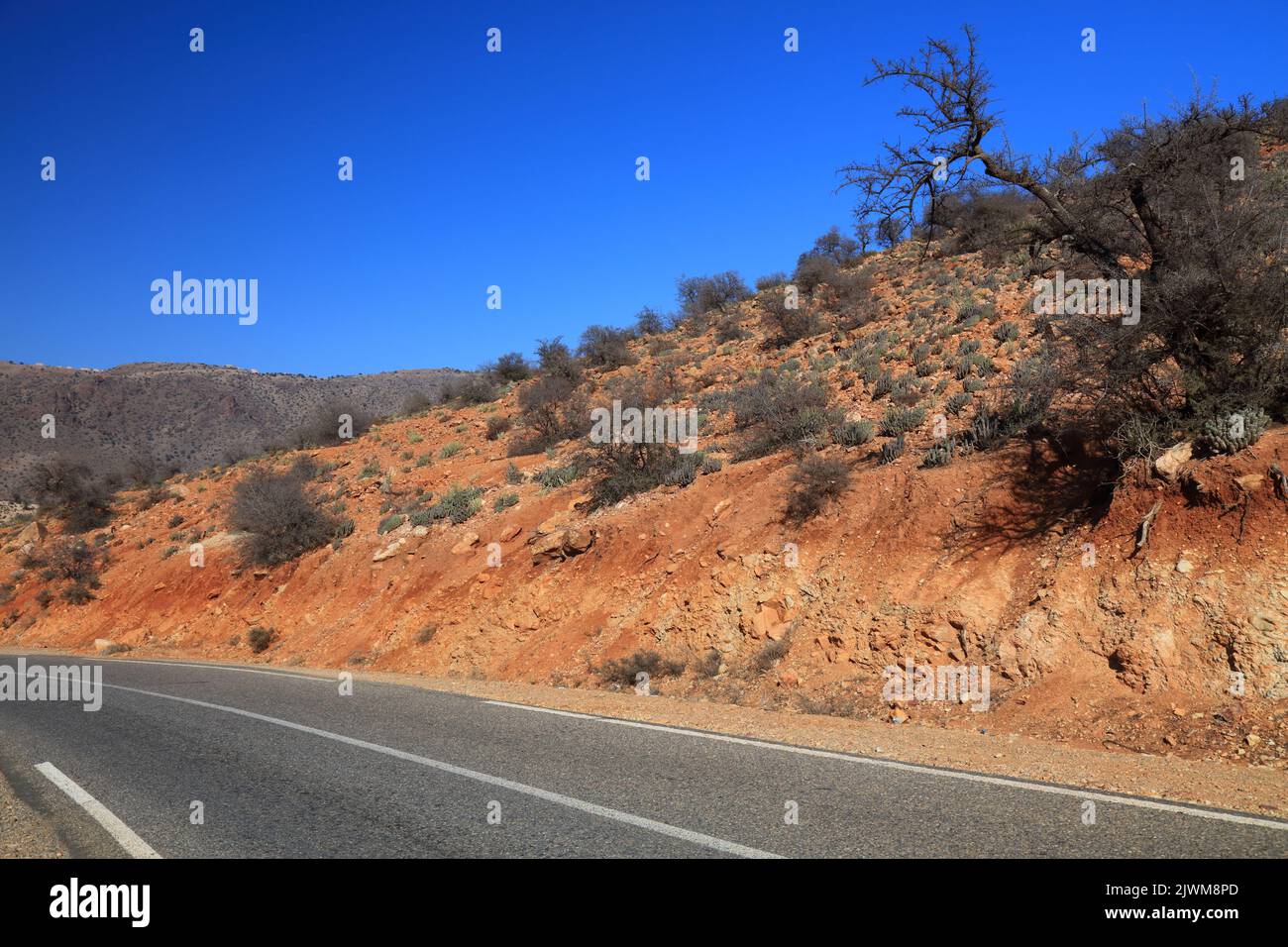 Strada di montagna del Marocco in montagne anti-Atlante. Paesaggio della provincia di Tiznit. Foto Stock