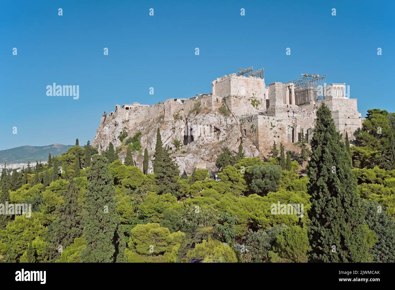 Acropoli di Atene, vista dalla collina Areopagus in Grecia Foto Stock