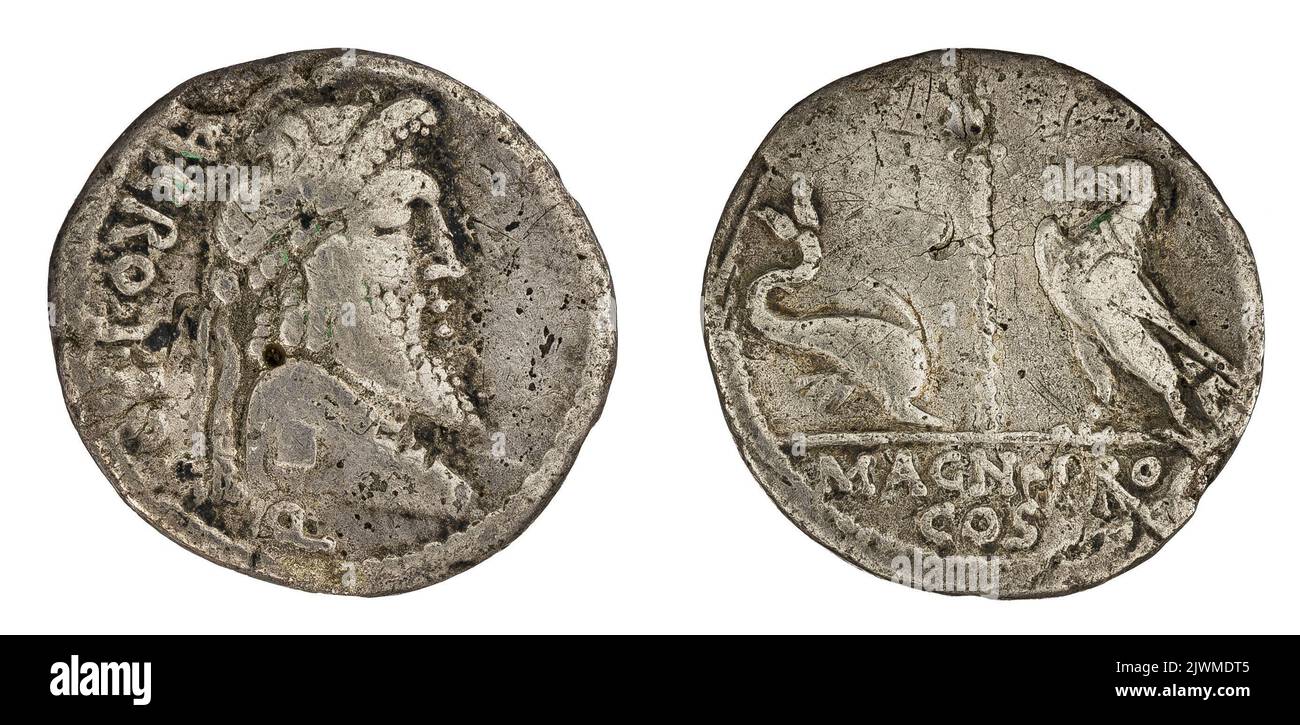 denario. Terentius Varro (fl. 49 a.C.), agente monetario, Pompejusz Wielki (106-48 a.C.), agente monetario, Republika Rzymska, emittente Foto Stock