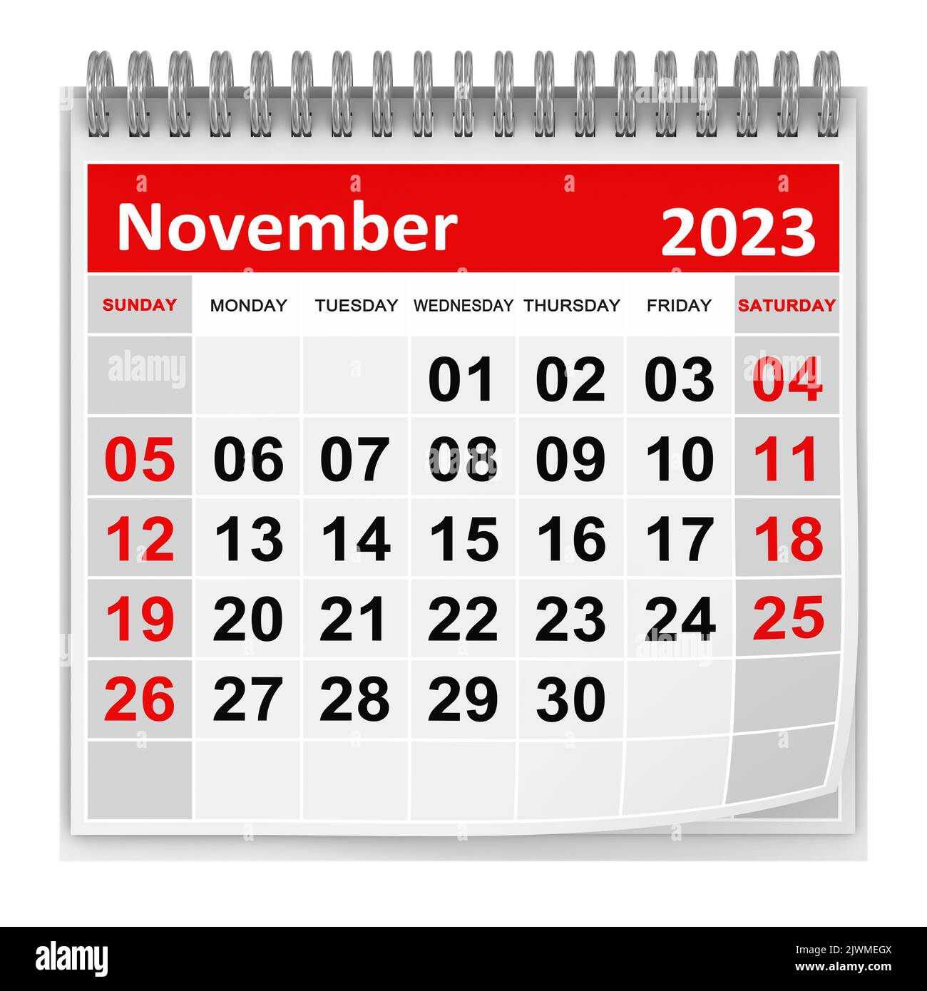 Calendario - Novembre 2023 , questa è un'immagine generata dal computer con rendering 3D. Isolato su bianco. Foto Stock