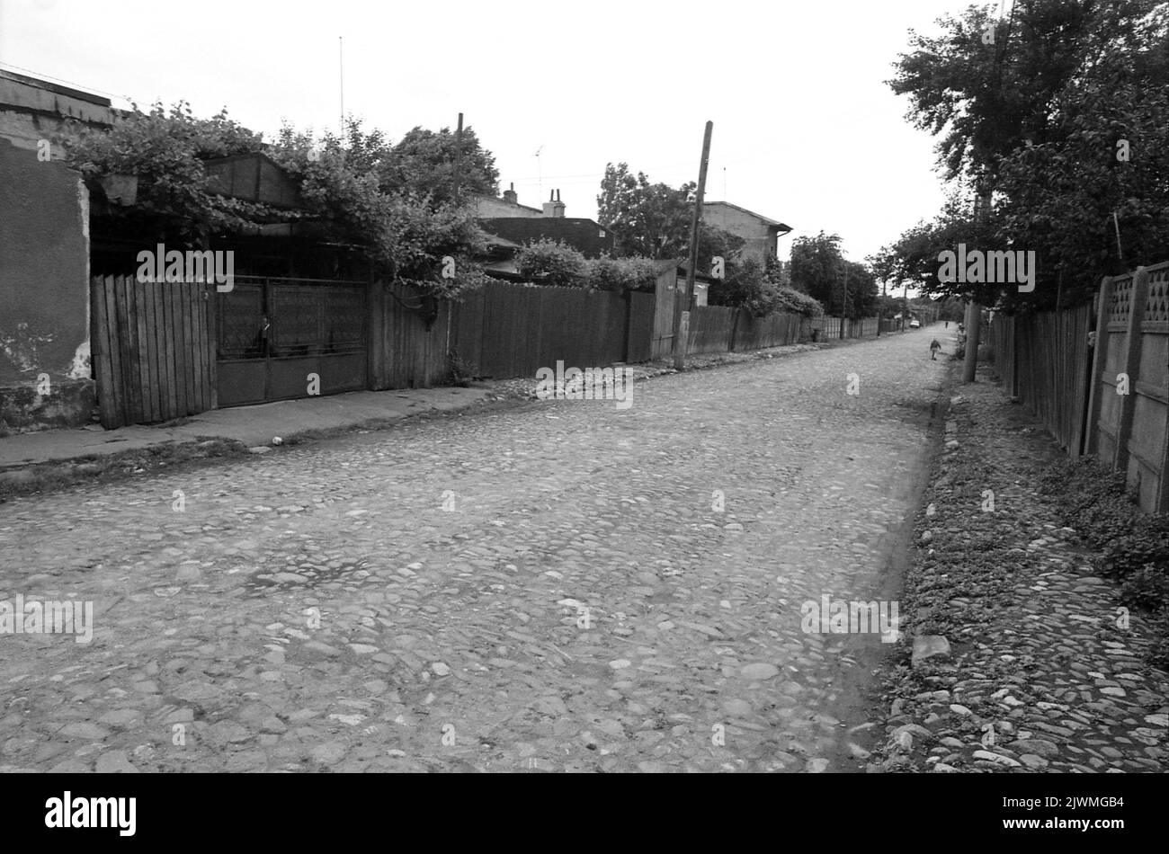 Bucarest, Romania, aprile 1990, poche falene dopo la caduta del comunismo. Poiché l'attenzione di Ceausescu era sulla costruzione dei suoi progetti megalomanici, come il Centro Civico, molti quartieri della capitale si deteriorarono lentamente. A Ferentari, le infrastrutture e le utenze erano a dir poco carenti. In questa foto, una veduta di Gruia Street. Foto Stock