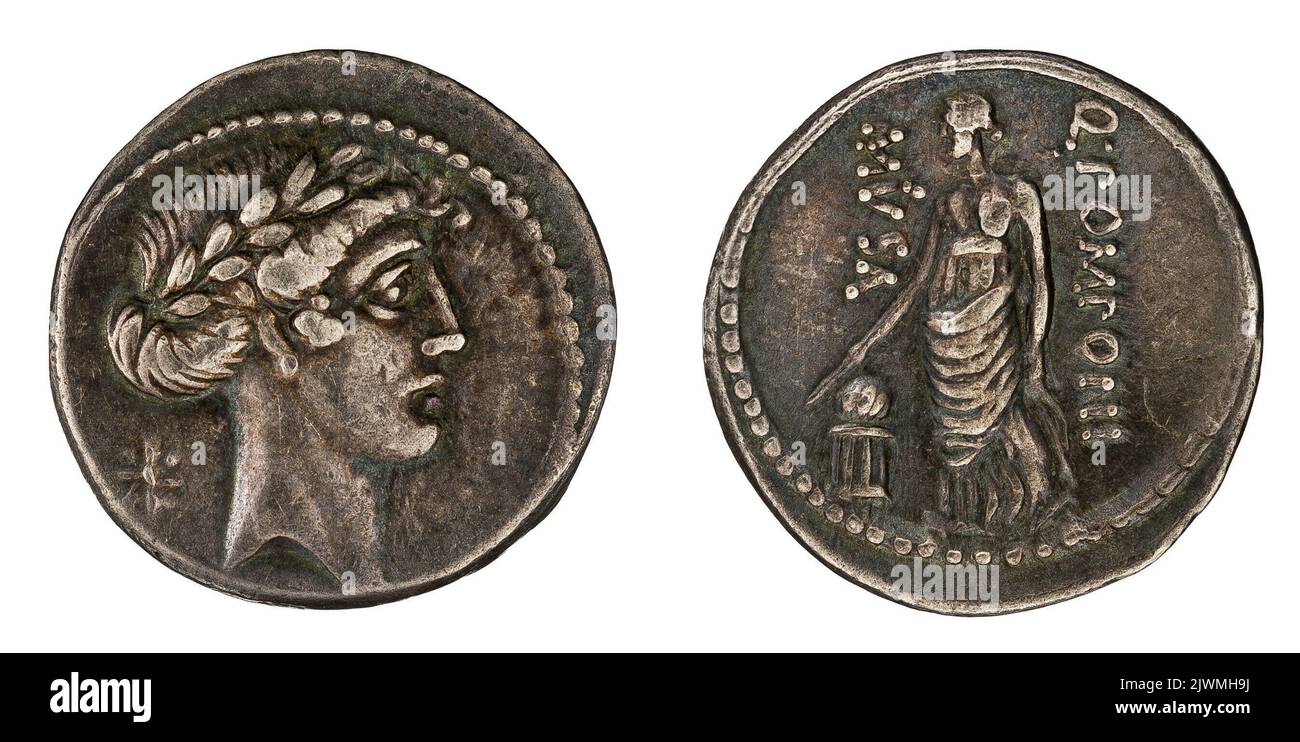 denario. Pomponius Musa, D. (fl. 66 a.C.), agente monetario, Republika Rzymska, emittente Foto Stock