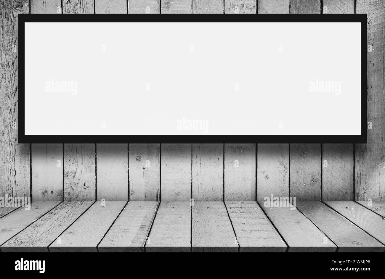 Digital Media bianco bianco mock up di pubblicità light box affissioni su scaffali di legno vuoto superiore per texture e sfondo, può essere utilizzato display o mon Foto Stock