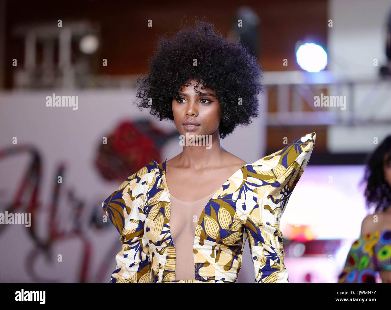 Addis Abeba, Etiopia. 27th ago, 2022. Un modello presenta una creazione durante l'Afro Vision Fashion Show di Addis Abeba, Etiopia, 27 agosto 2022. Una società cinese di proprietà e a gestione locale denominata Five Star Elevator Manufacturing Private Limited Company (PLC) ha annunciato di aver ufficialmente aderito all'industria dell'intrattenimento dell'Etiopia con un evento tenutosi all'Hilton Hotel nella capitale dell'Etiopia, Addis Abeba. PER ANDARE CON 'caratteristica: Azienda cinese si unisce l'industria di intrattenimento dell'Etiopia 'accreditamento: Wang Ping/Xinhua/Alamy Live News Foto Stock