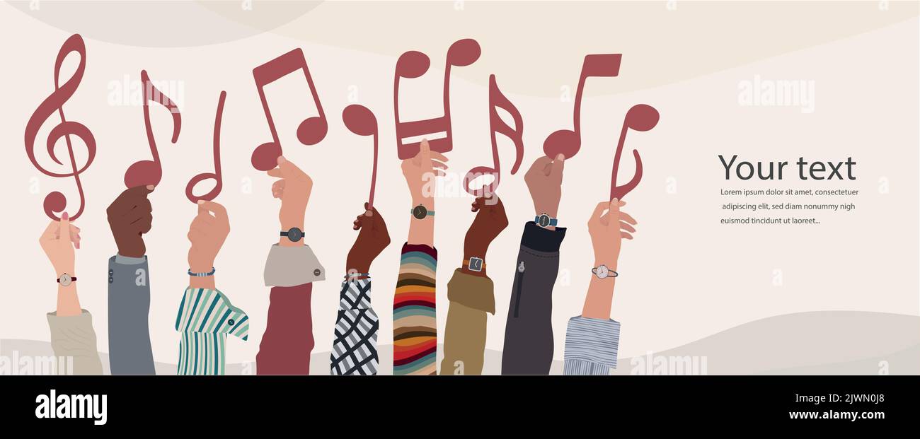 Passa a un gruppo di persone di diversa cultura o amici che tengono note musicali. Comunità di fan musicisti collaboratori che condividono o scambiano musica Illustrazione Vettoriale