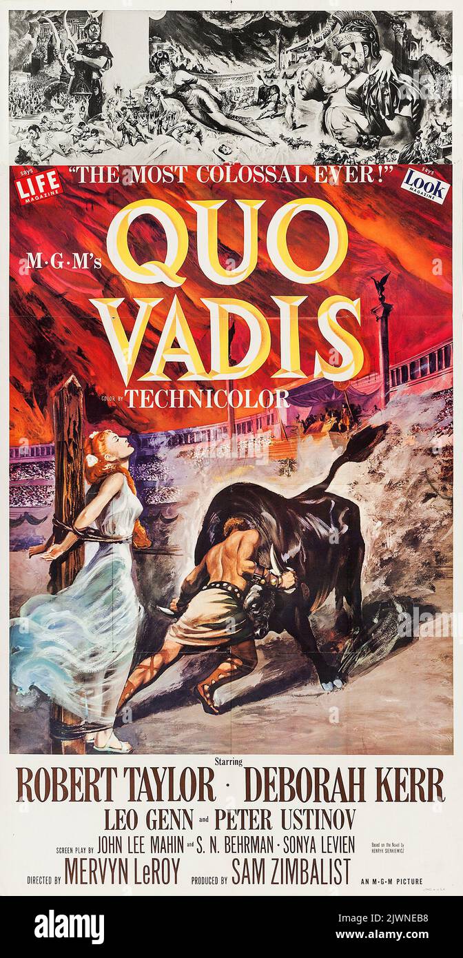 Quo Vadis (MGM, 1951). Poster del film a 3 fogli. Il drammatico storico feat Robert Taylor, Deborah Kerr, Leo Genn e Peter Ustinov. Foto Stock
