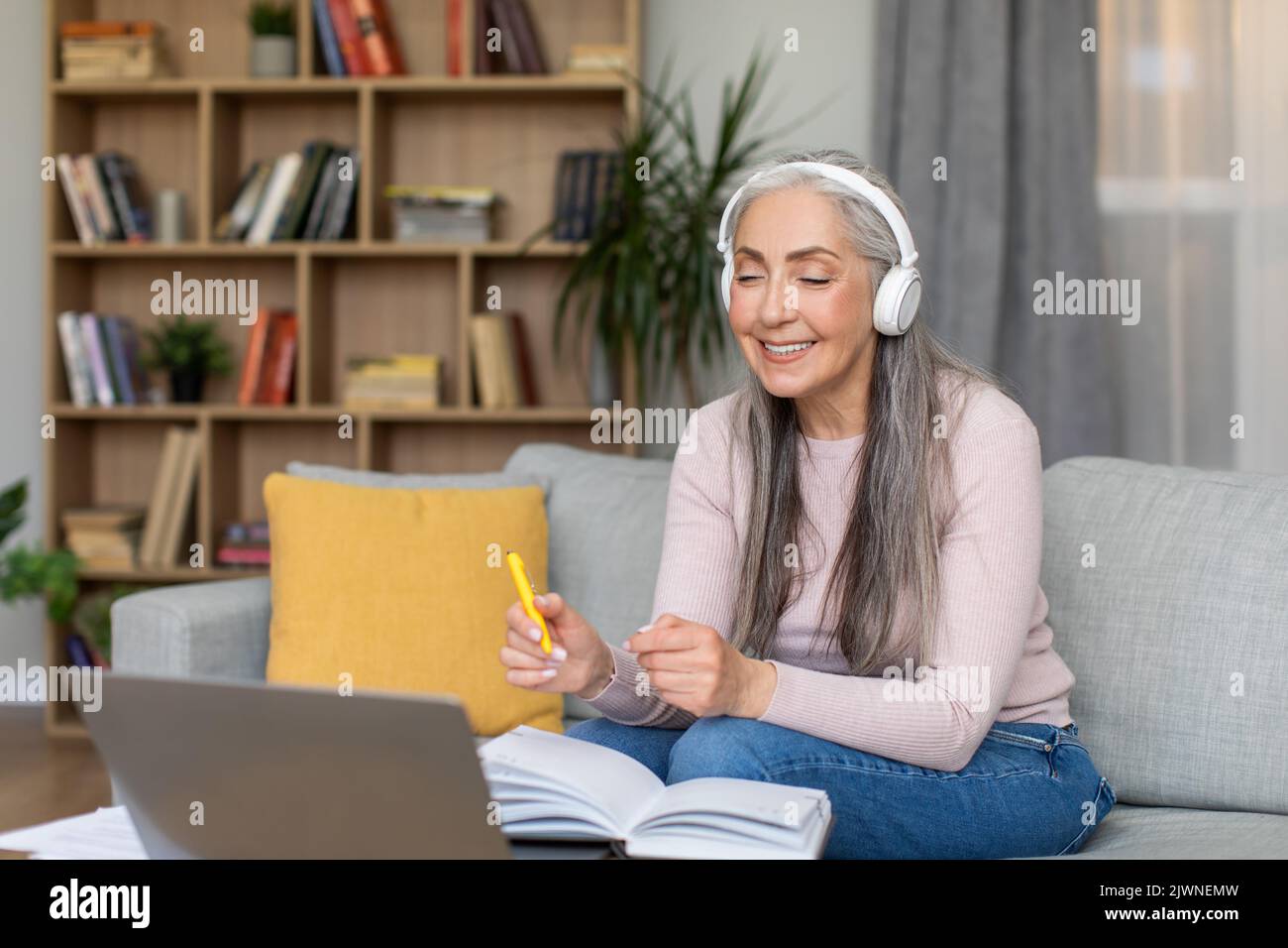 Allegro caucasico maturo grigio-haired insegnante in cuffie parla al portatile con studente Foto Stock