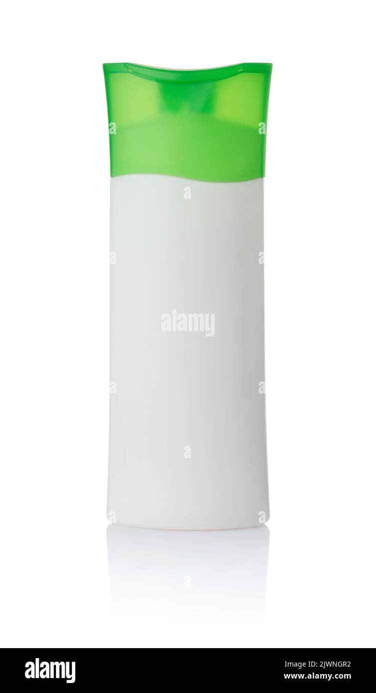 Vista frontale del flacone bianco di shampoo in plastica isolato su bianco Foto Stock