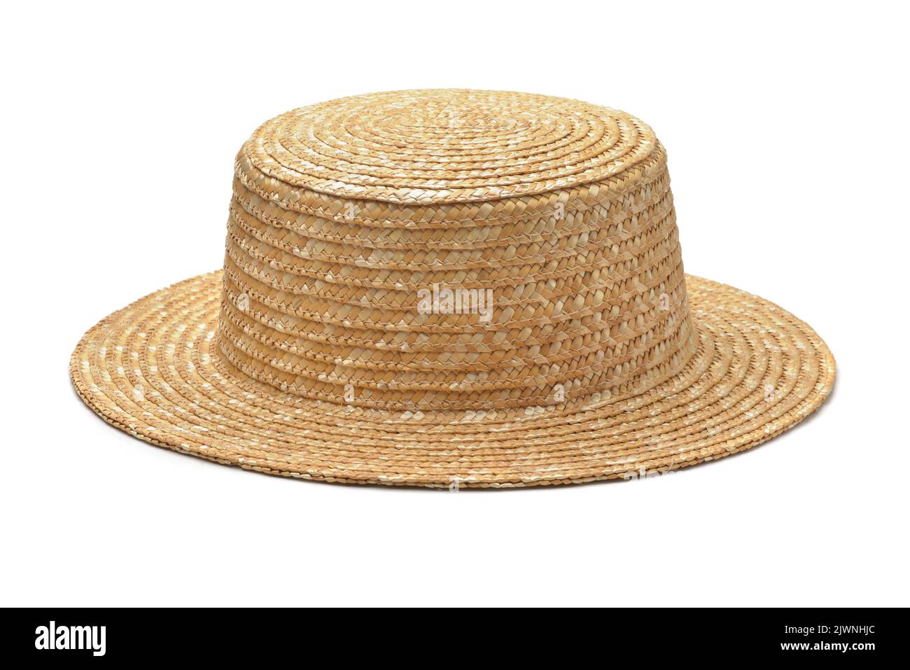 Vista frontale del cappello estivo in paglia isolato su bianco Foto Stock