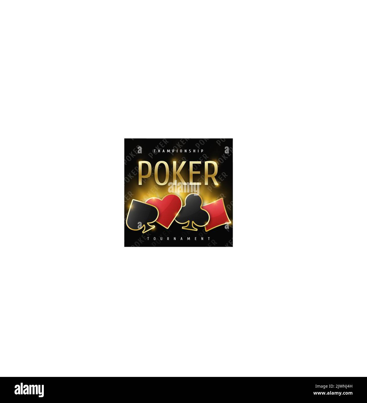 Banner torneo di poker. Logo del poker con chip del seme della carta da gioco. Club, diamanti, picche, cuori su sfondo nero. Illustrazione vettoriale. Illustrazione Vettoriale