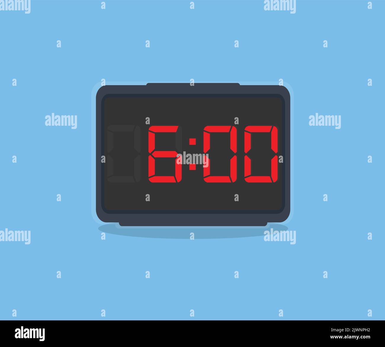 Sveglia digitale nera con logo a ore 6:00. Orologio digitale con numeri rossi - ora di sveglia, di partecipazione a una riunione o a un appuntamento. Illustrazione Vettoriale
