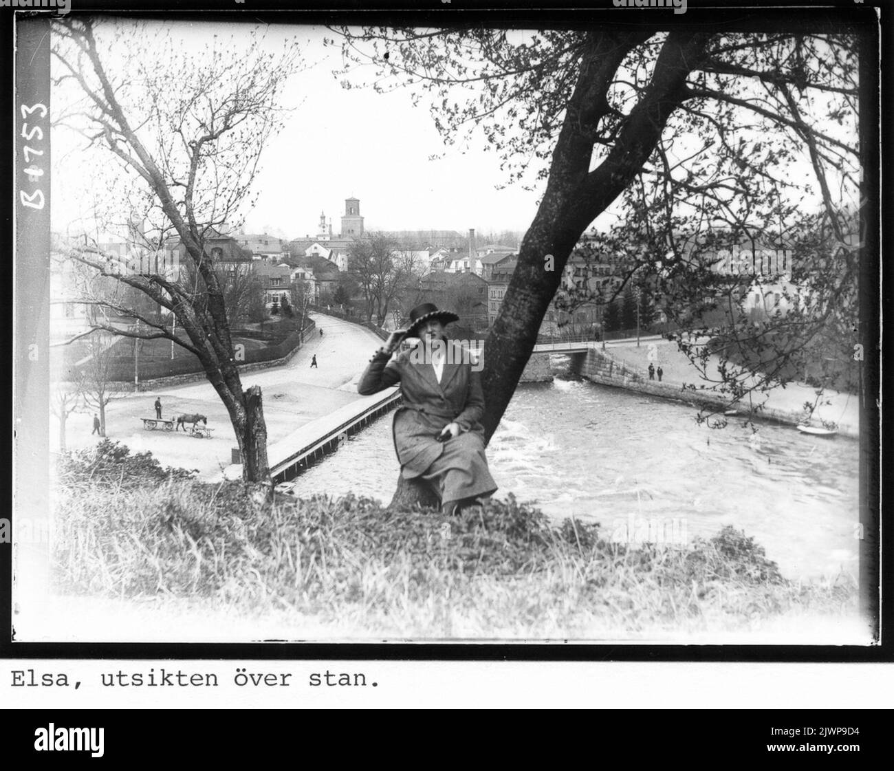 Elsa, la vista della città. La foto scattata da Nyköpingshus. Sotto si può vedere il ponte dei pesci con la vecchia piazza di pescatori e il ponte trasversale sul fiume Nyköpingsån. Sullo sfondo Nicolaikyrkan, Nyköping. Elsa, utsikten över stan. Bilden Lagen från Nyköpingshus. Nedanför ser man Fiskbron med det gamla fisktorget och Korsbron över Nyköpingsån. I bakgrunden Nicolaikyrkan, Nyköping. Foto Stock