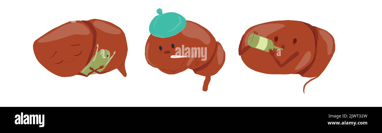 Set di vettori cartoni animati di fegato umano in condizioni diverse Illustrazione Vettoriale