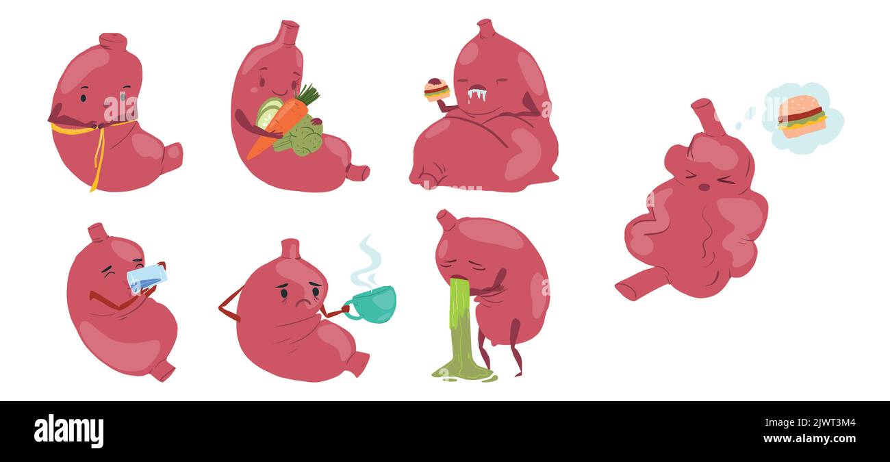 Triste grido malato e sano forte felice sorridente simpatico stomaco carattere Illustrazione Vettoriale