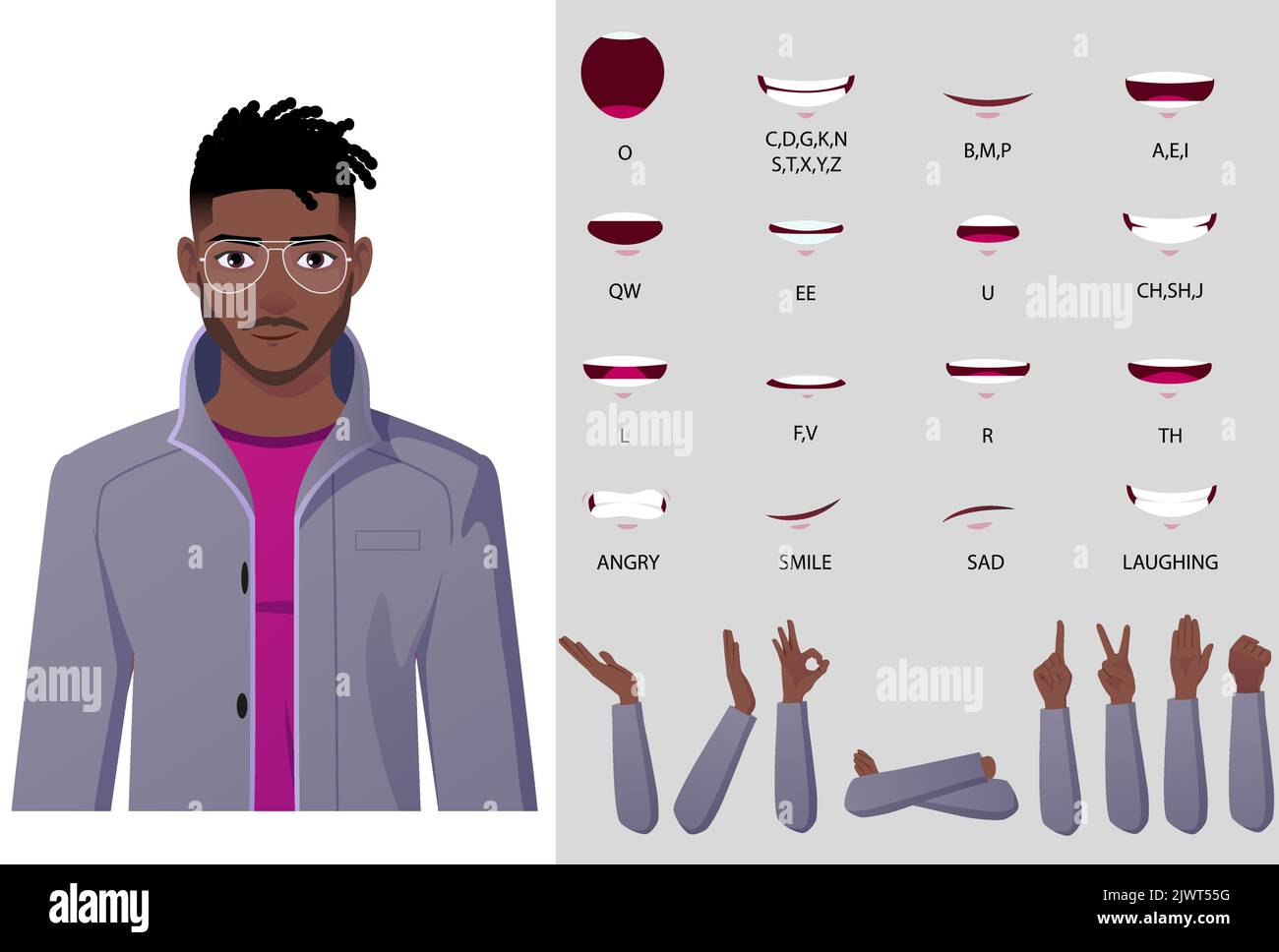 Personaggio uomo d'affari in formale Coat Face Animation LIP-Sync e mano gesti ed emozioni Premium Vector Illustrazione Vettoriale