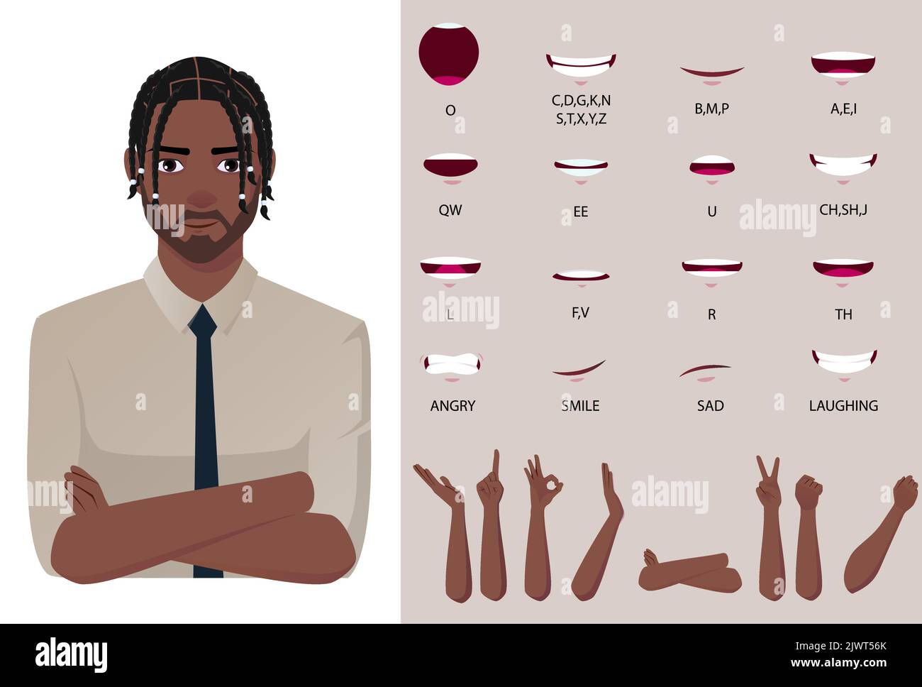 Formale Black Worker Man personaggio bocca animazione LIP-Sync e gesti delle mani Premium Vector Illustrazione Vettoriale