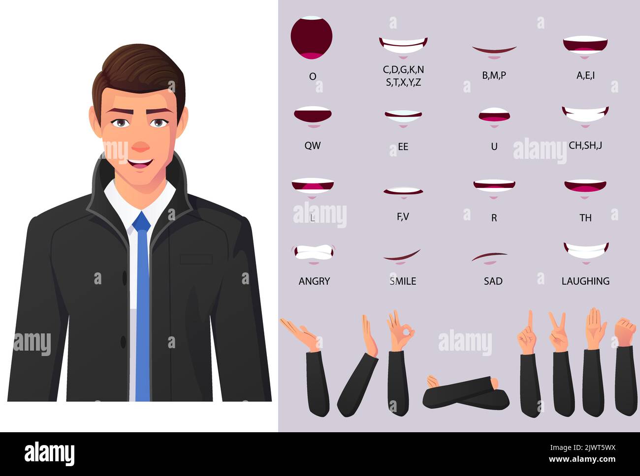 Uomo d'affari caucasico bocca animazione LIP-Sync e gesti mano trench coat premium Vector Illustrazione Vettoriale