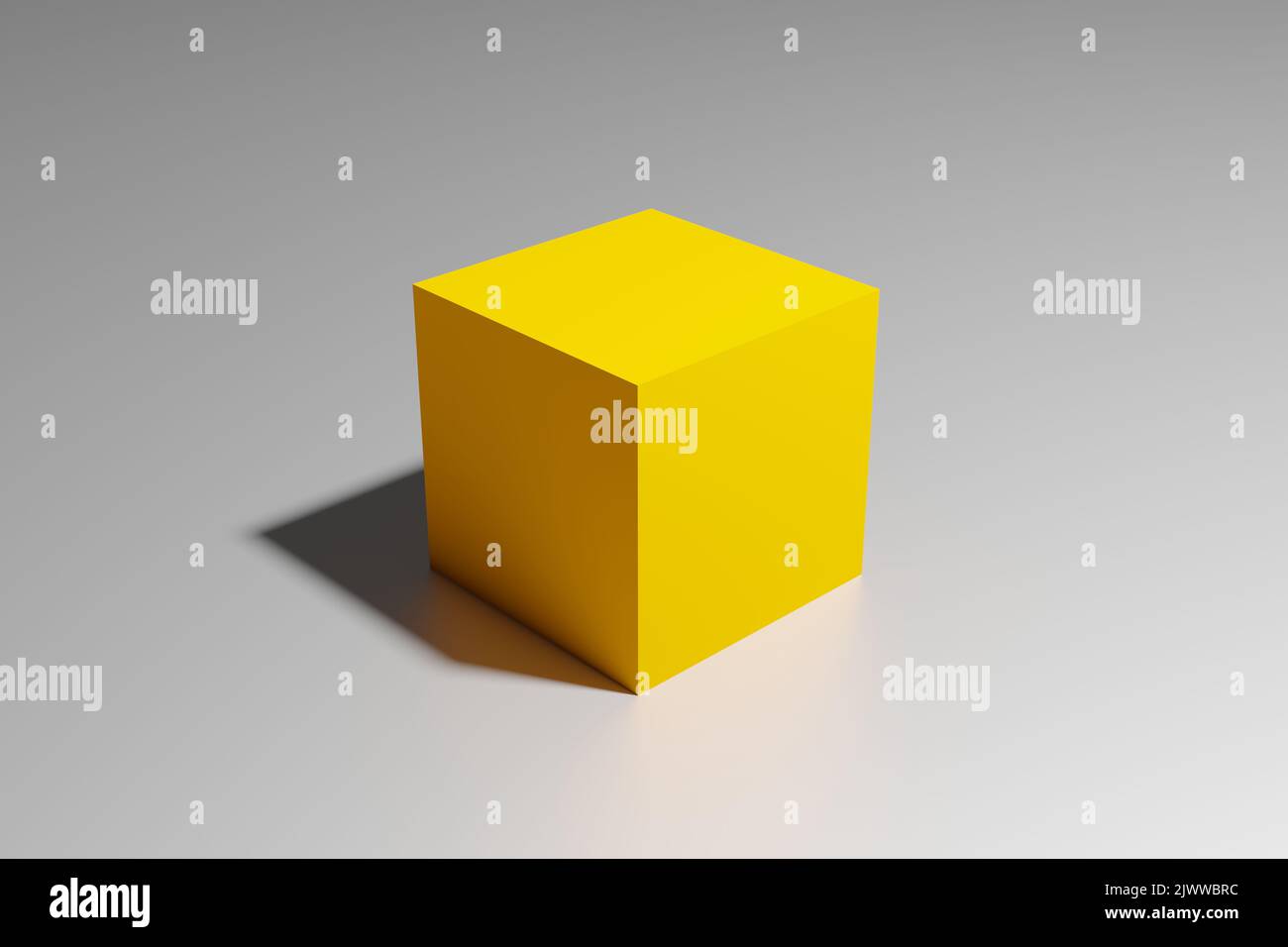 Rendering 3D di una scatola cubica gialla o arancione con ombra in vista prospettica su una superficie bianca lucida Foto Stock