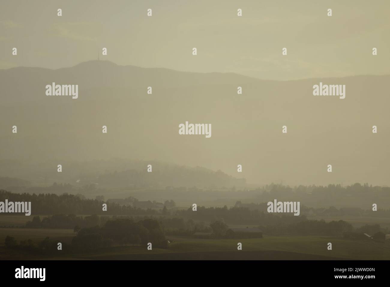 Paesaggio rurale norvegese in nebbia. Foto Stock