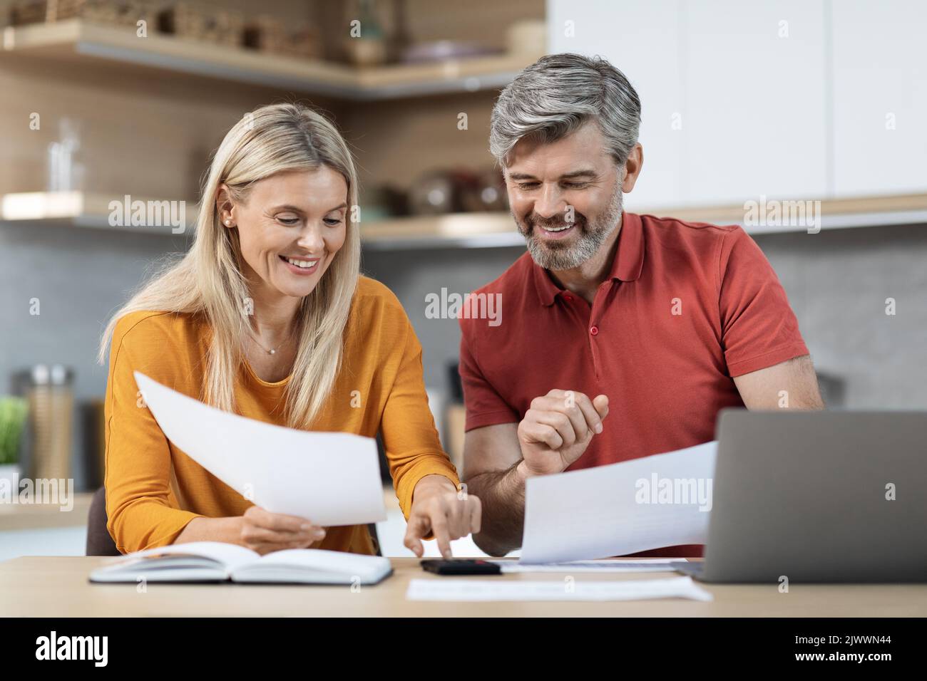 Coniugi amorevoli che lavorano insieme sul budget familiare Foto Stock