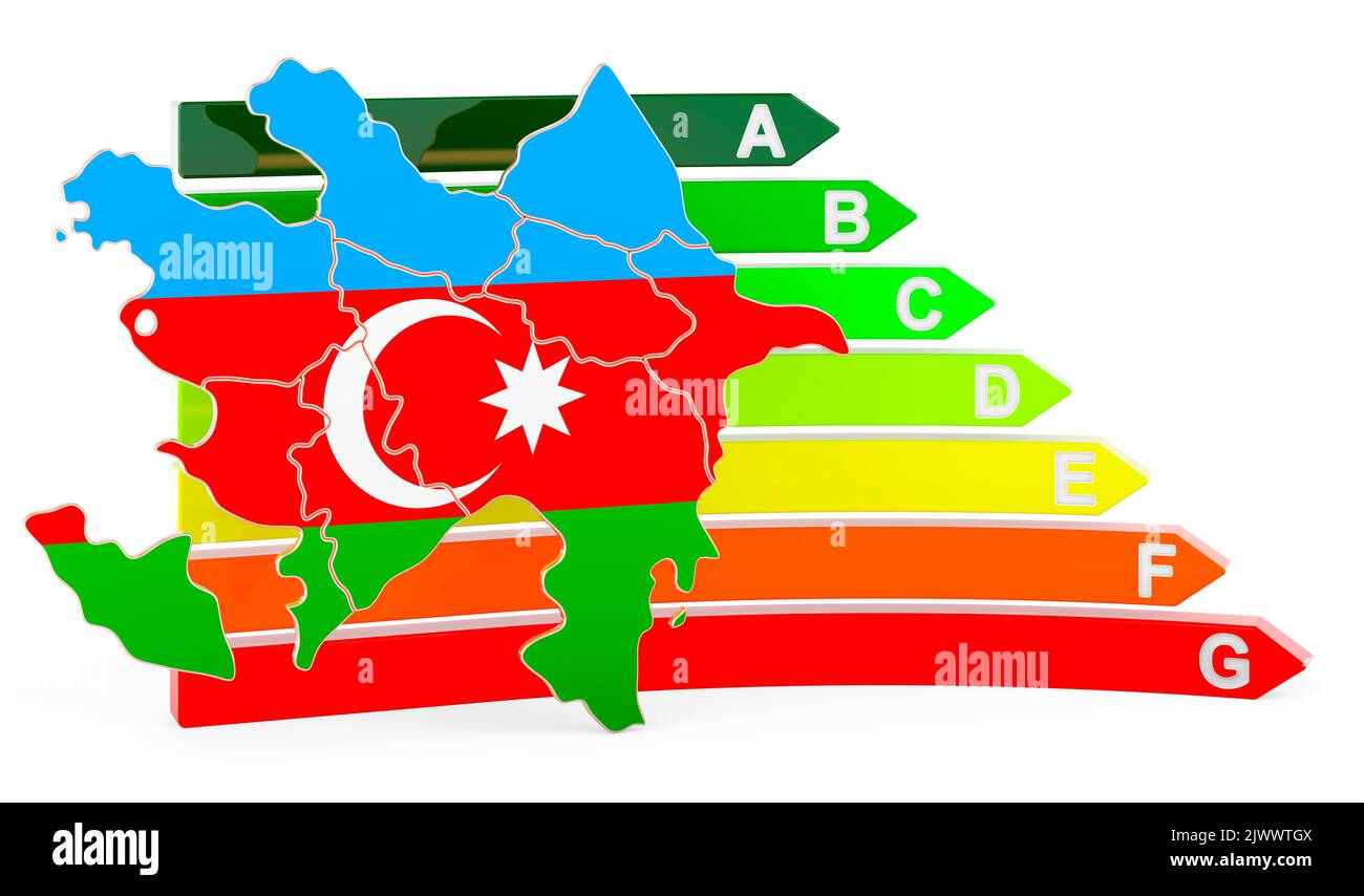 Mappa azerbaigiana con valutazione di efficienza energetica, 3D rendering isolato su sfondo bianco Foto Stock