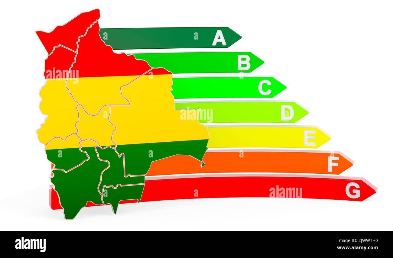 Mappa boliviana con efficienza energetica, resa 3D isolata su sfondo bianco Foto Stock
