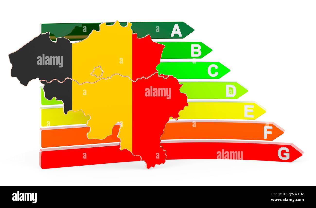 Mappa belga con efficienza energetica, rendering 3D isolato su sfondo bianco Foto Stock