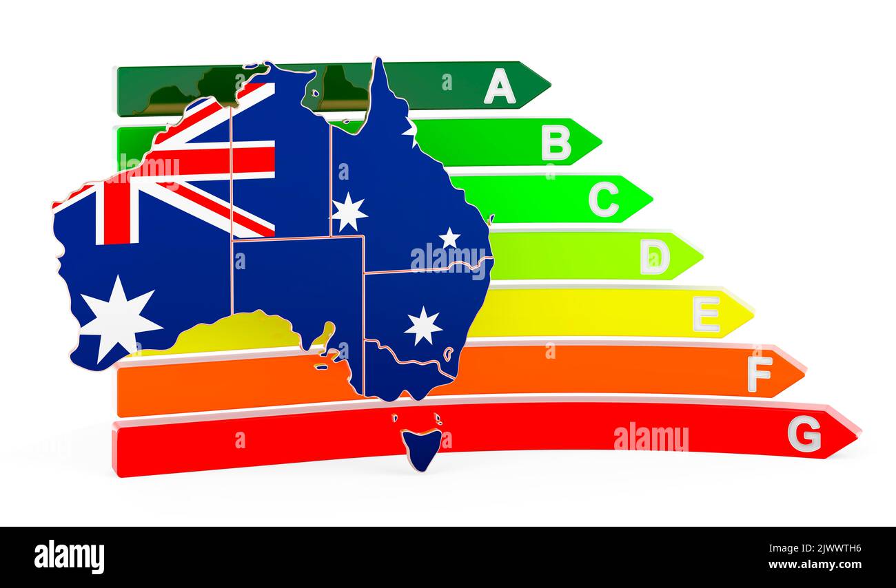 Mappa australiana con classificazione di efficienza energetica, rendering 3D isolato su sfondo bianco Foto Stock