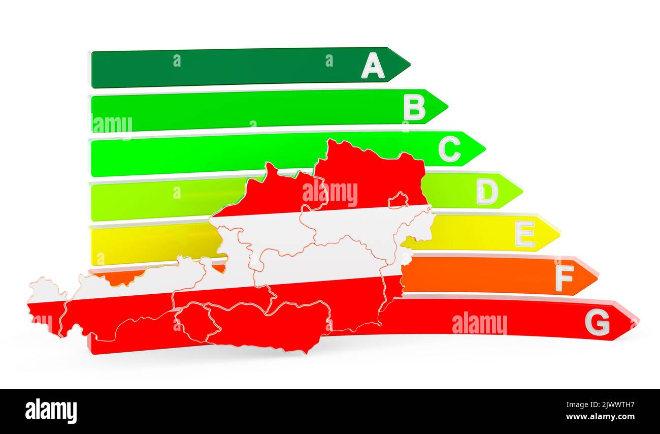 Mappa austriaca con efficienza energetica, rendering 3D isolato su sfondo bianco Foto Stock