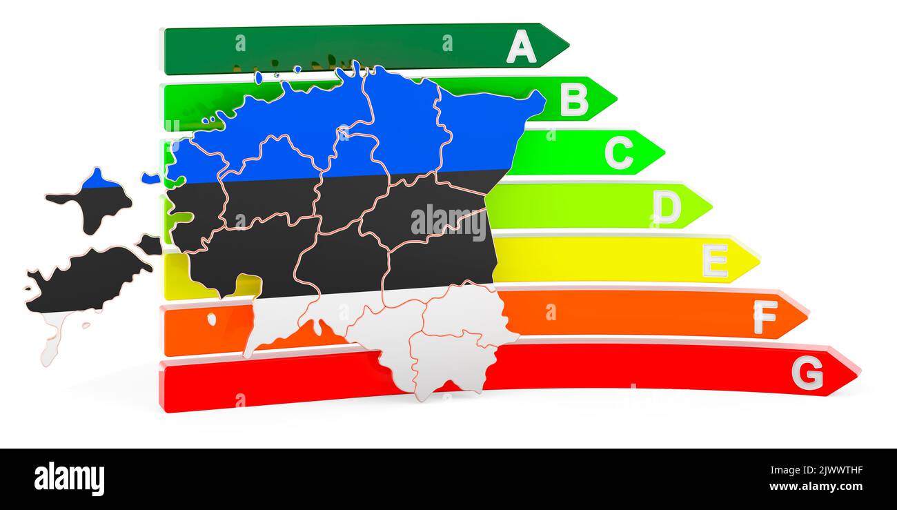 Mappa estone con livello di efficienza energetica, rendering 3D isolato su sfondo bianco Foto Stock