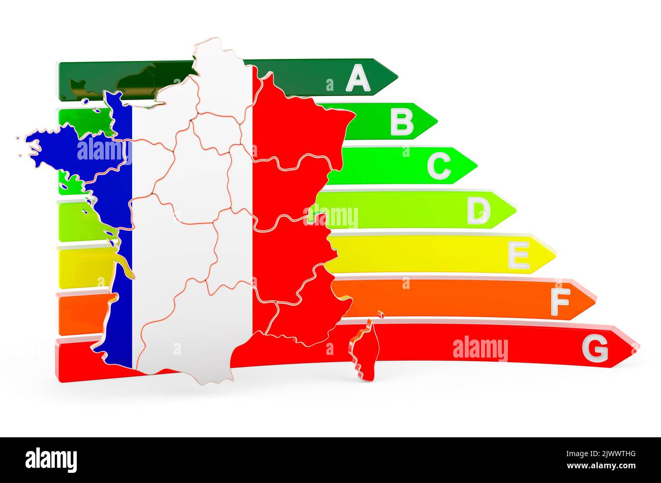 Mappa francese con efficienza energetica, rendering 3D isolato su sfondo bianco Foto Stock