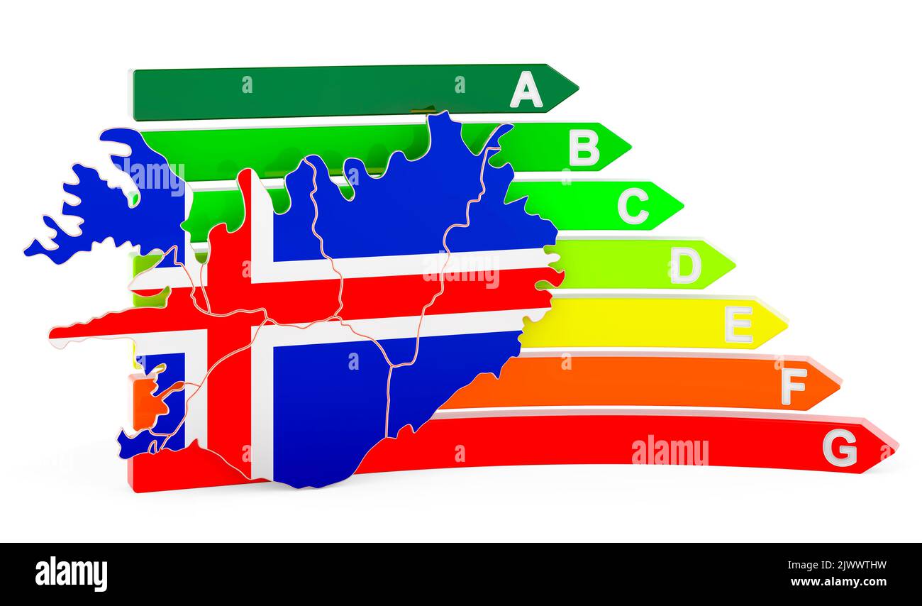 Mappa islandese con valutazione dell'efficienza energetica, resa 3D isolata su sfondo bianco Foto Stock