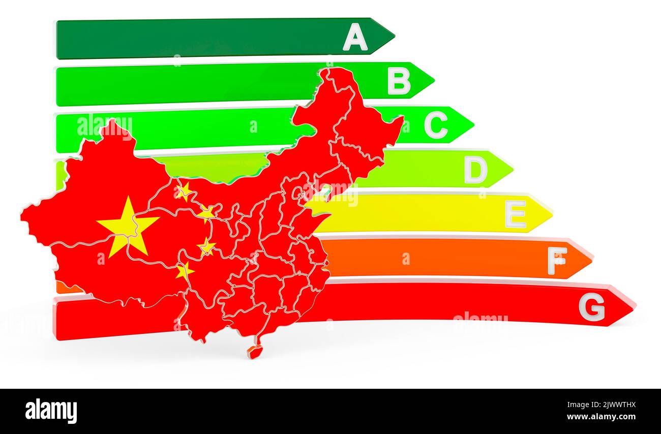 Mappa cinese con valutazione di efficienza energetica, rendering 3D isolato su sfondo bianco Foto Stock