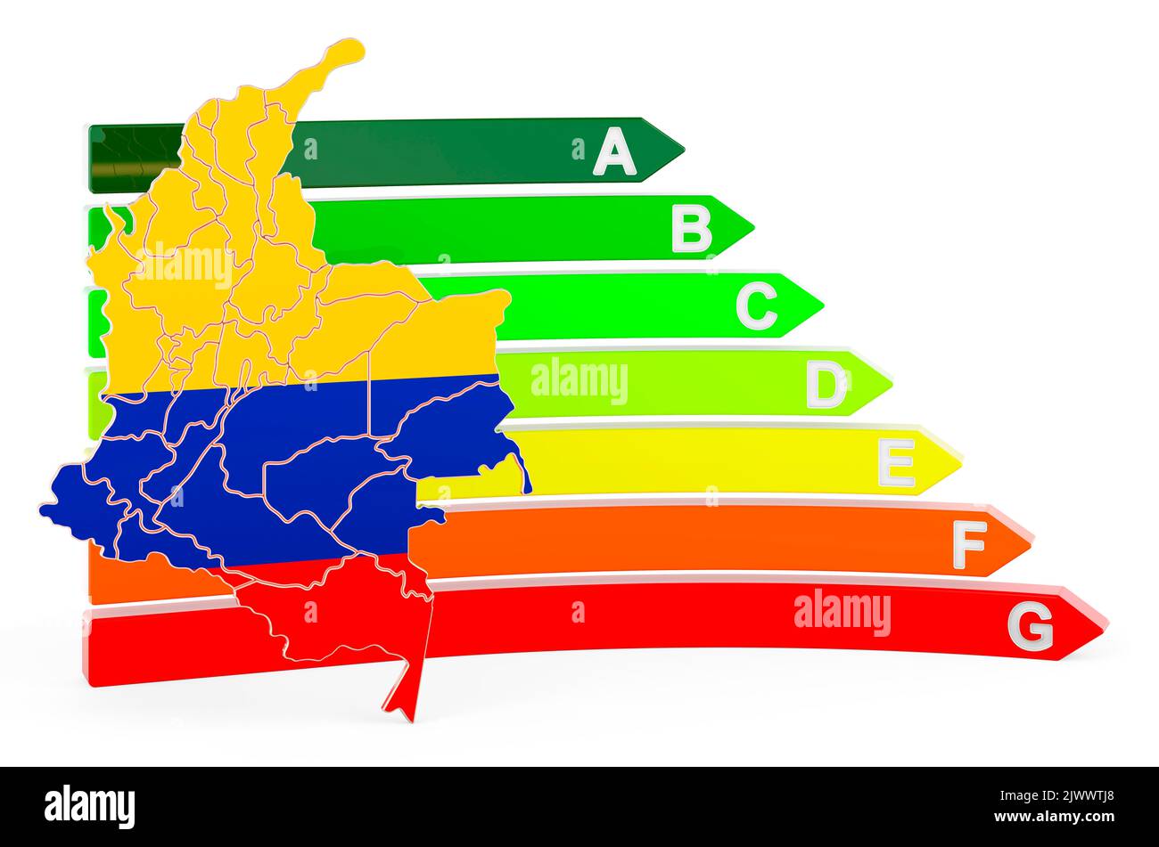 Mappa colombiana con efficienza energetica, resa 3D isolata su sfondo bianco Foto Stock