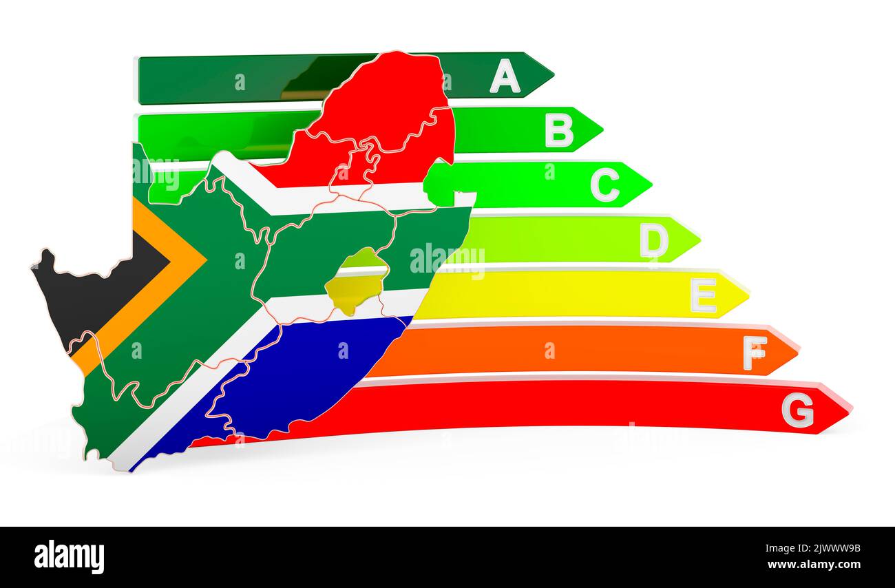 Mappa sudafricana con classificazione di efficienza energetica, rendering 3D isolato su sfondo bianco Foto Stock