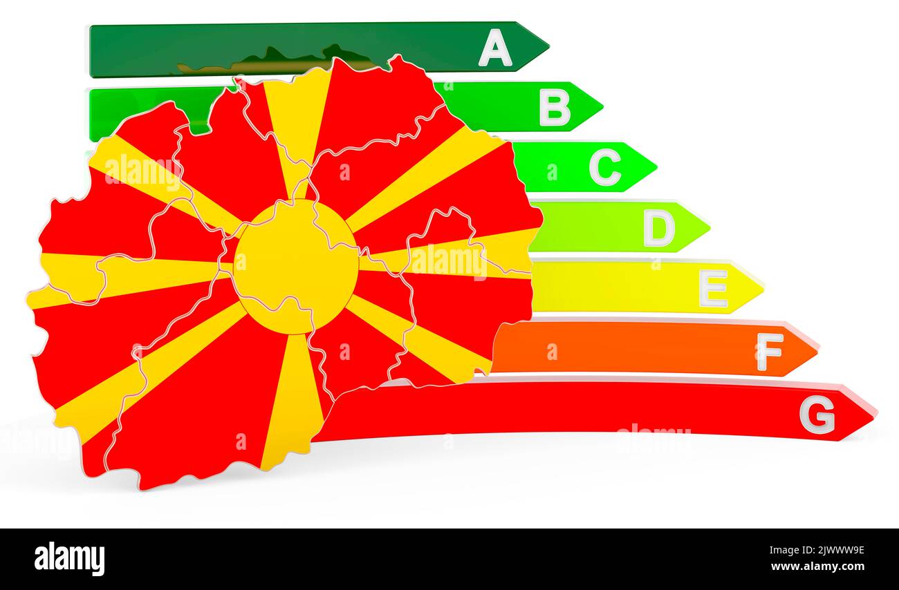 Mappa macedone con efficienza energetica, rendering 3D isolato su sfondo bianco Foto Stock