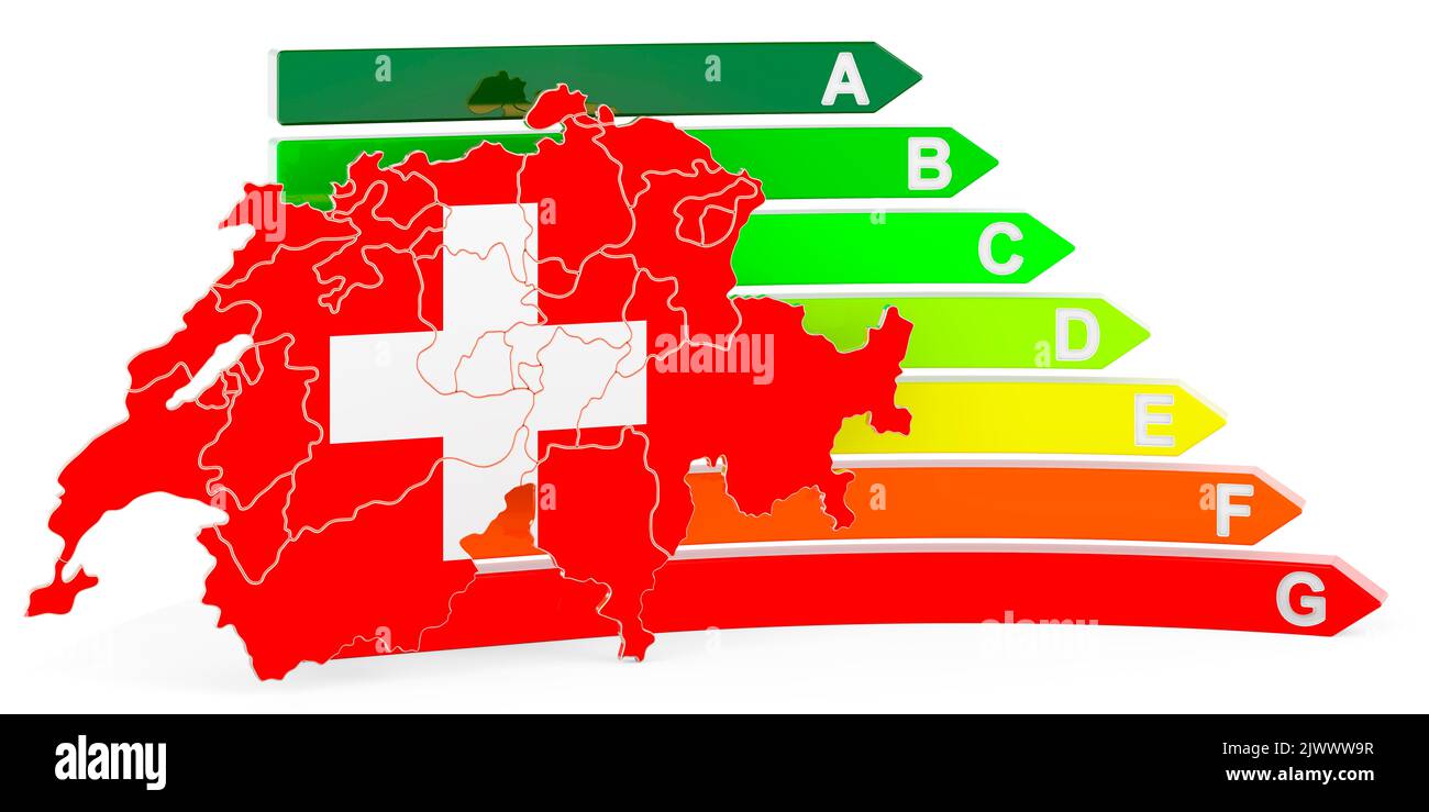 Mappa svizzera con efficienza energetica, rendering 3D isolato su sfondo bianco Foto Stock