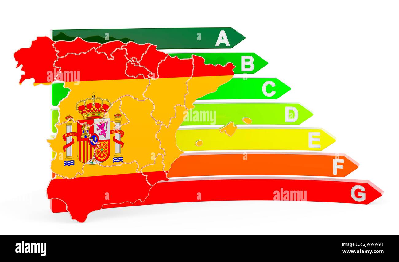 Mappa spagnola con valutazione di efficienza energetica, rendering 3D isolato su sfondo bianco Foto Stock