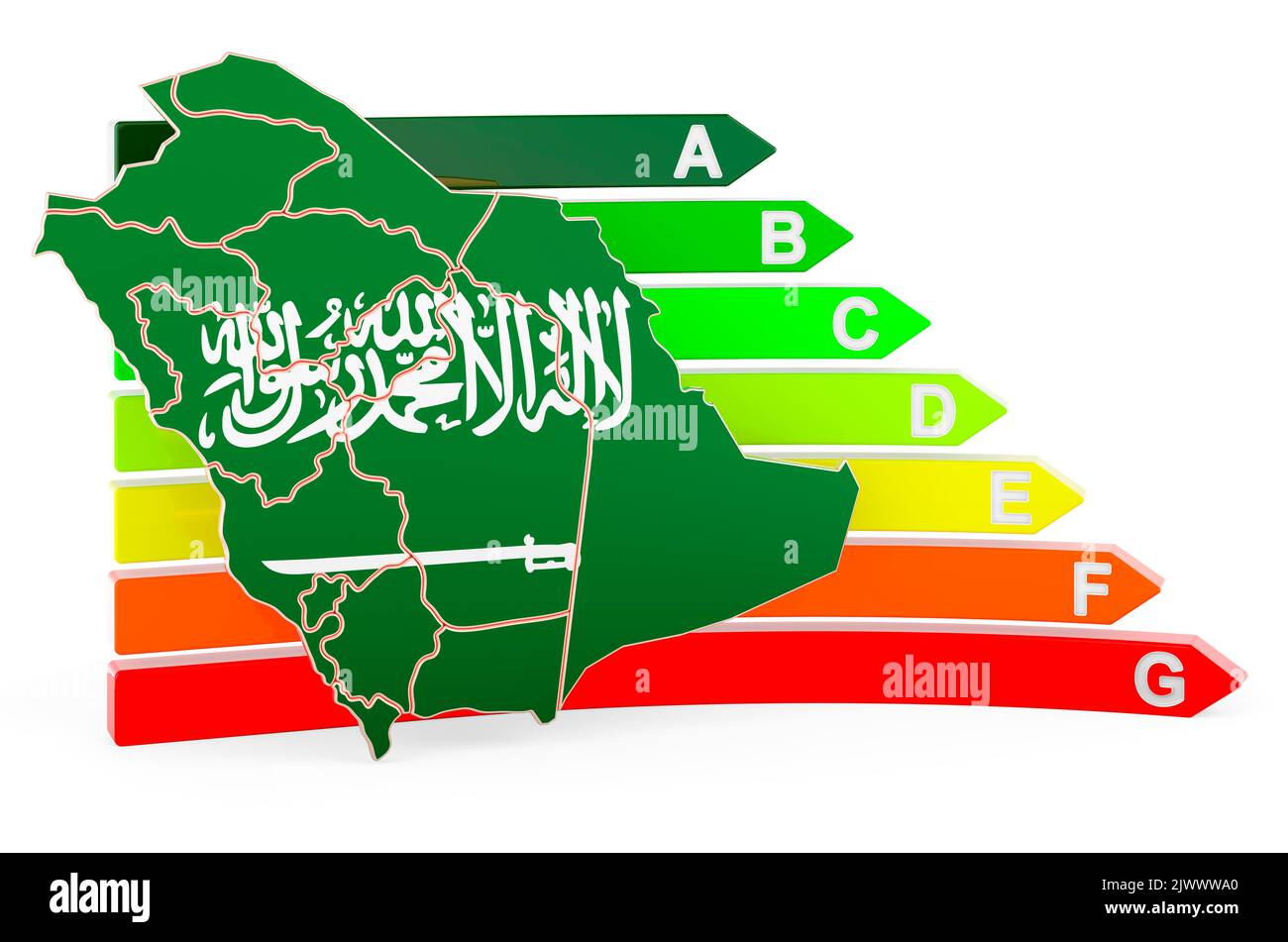 Mappa dell'Arabia Saudita con valutazione dell'efficienza energetica, rendering 3D isolato su sfondo bianco Foto Stock