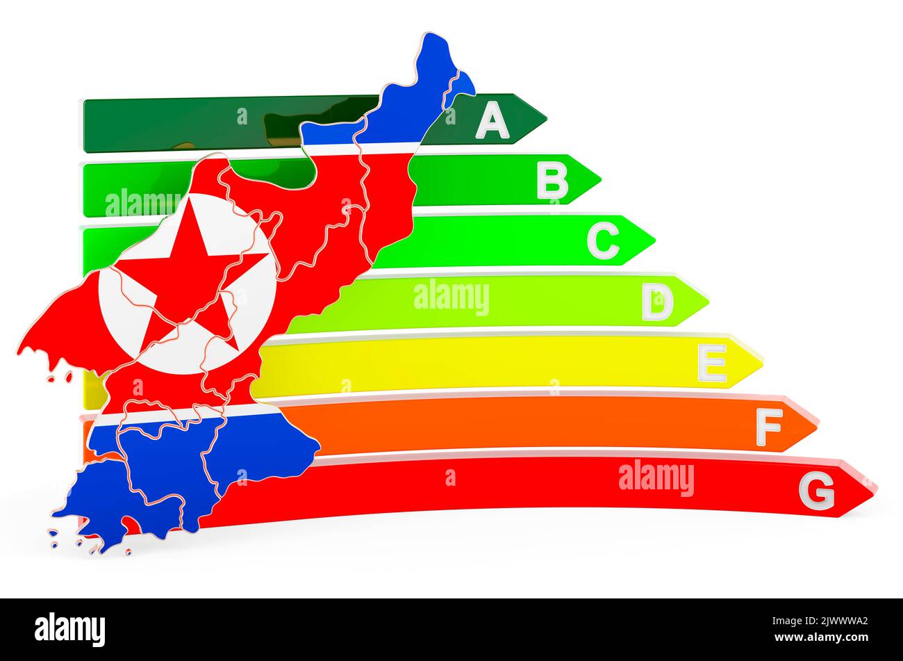Mappa della Corea del Nord con classificazione di efficienza energetica, rendering 3D isolato su sfondo bianco Foto Stock