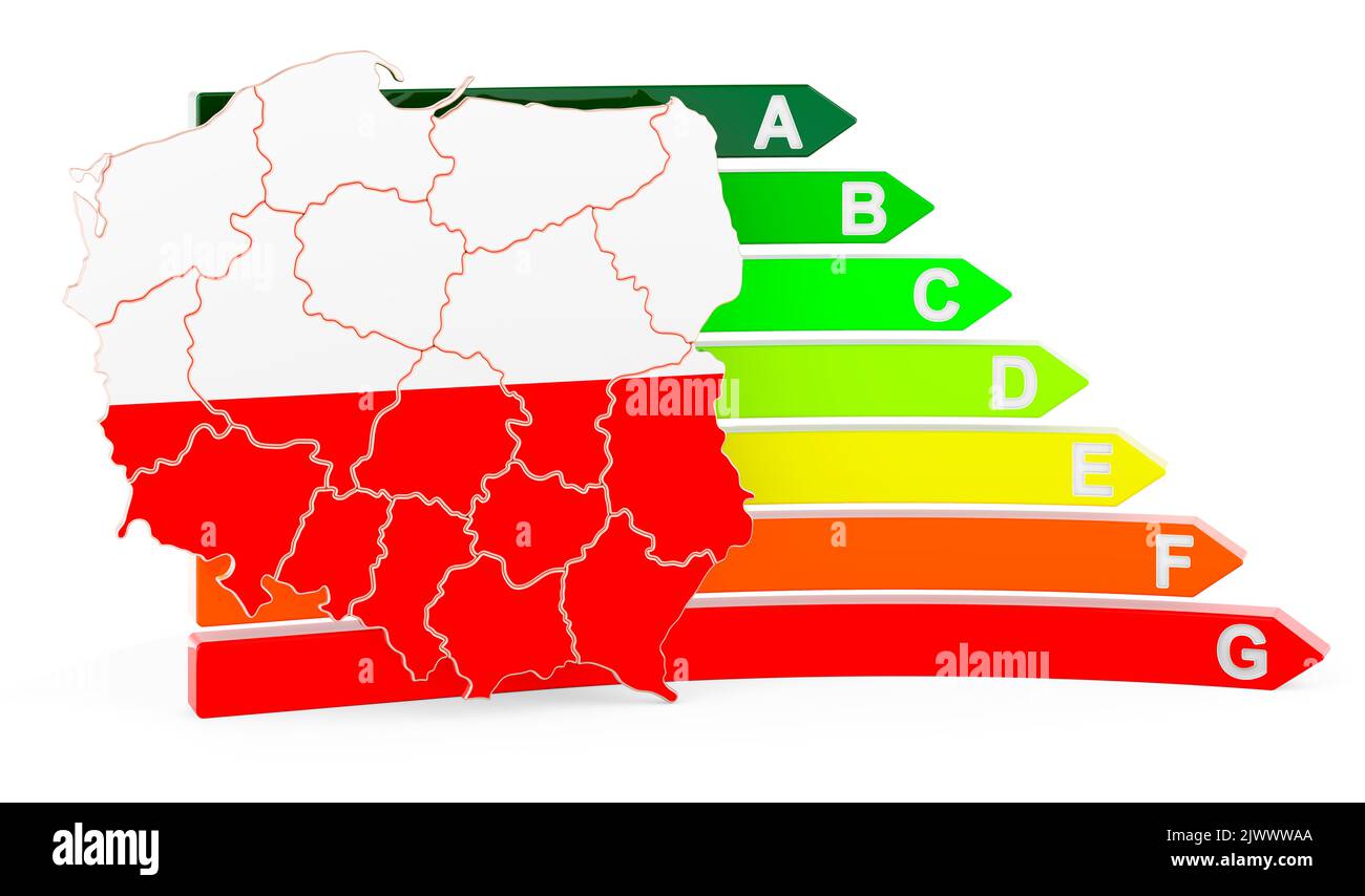 Mappa polacca con classificazione di efficienza energetica, rendering 3D isolato su sfondo bianco Foto Stock
