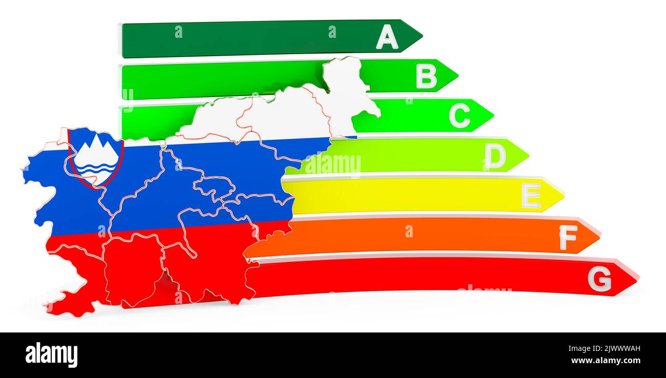 Mappa slovena con efficienza energetica, resa 3D isolata su sfondo bianco Foto Stock