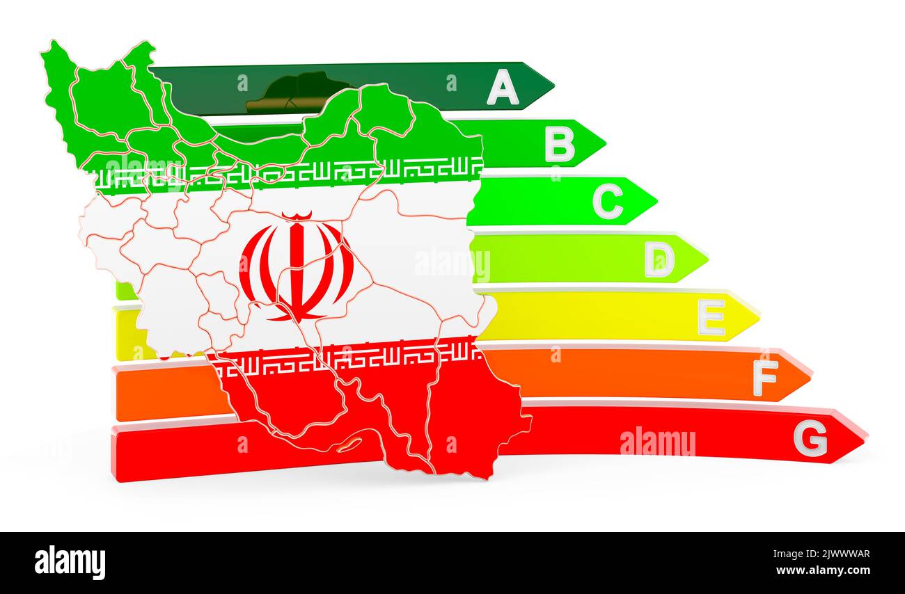Mappa iraniana con efficienza energetica, resa 3D isolata su sfondo bianco Foto Stock