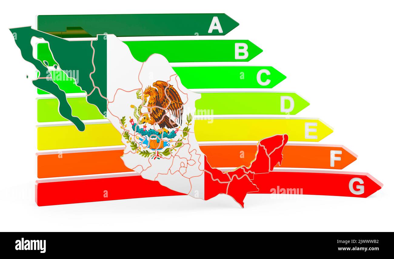 Mappa messicana con efficienza energetica, rendering 3D isolato su sfondo bianco Foto Stock