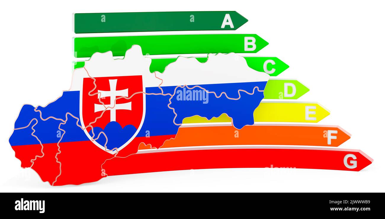 Mappa slovacca con efficienza energetica, rendering 3D isolato su sfondo bianco Foto Stock